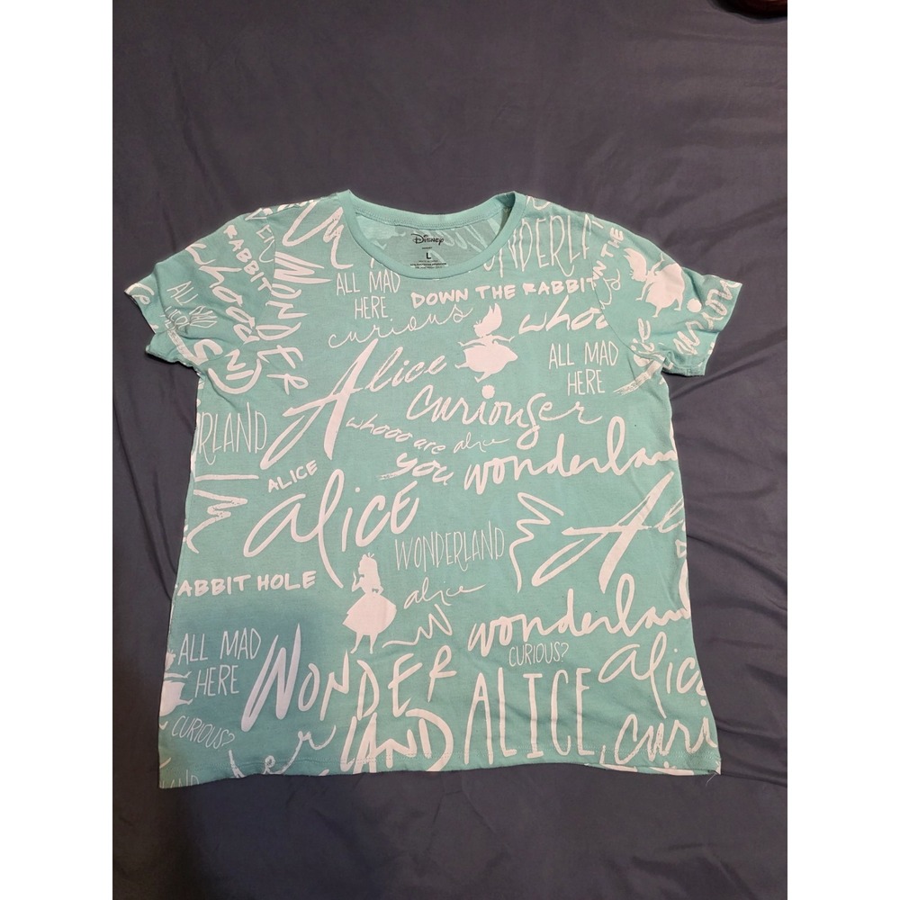 Disney Alice in Wonderland Womens L All Over Print Shirt Aqua Graphic Tee